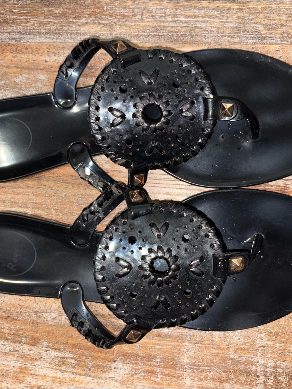 Jack Rogers Black Decorative Logo Medallion Sandals